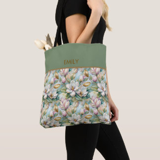Tote Bag Elegant Magnolias Flowers Gold with Name