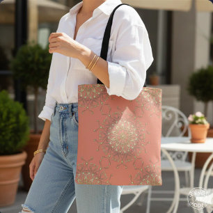 Tote Bag Élégant Mandala de bijoux Boho corail rose et or