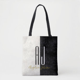 Tote Bag Élégant Marbre Noir et Blanc Monogramme Moderne
