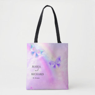 Tote Bag Élégant Mariage arc-en-ciel rose et papillon bleu