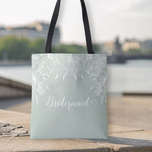 Tote Bag Élégant Mariage Floral Contour Vert Doux et Blanc