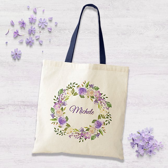 Tote Bag Élégant Mariage floral violet et or (Créateur téléchargé)