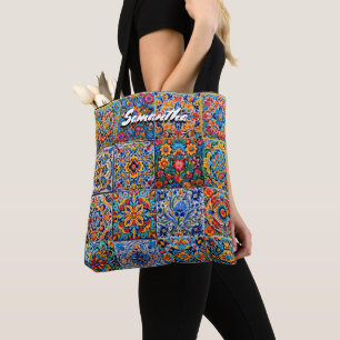 Tote Bag Élégant mexicain talavera rouge carreaux jaune mon
