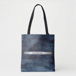 Tote Bag Elégant moderne en argent Mandala Stripe Navy bleu
