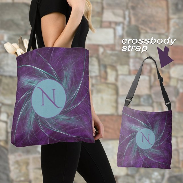 Tote Bag Élégant Monogramme Abstrait Spiral Violet Turquois (Personalize the initial and it will appear on both sides of the bag. Make it for yourself or a gift.)