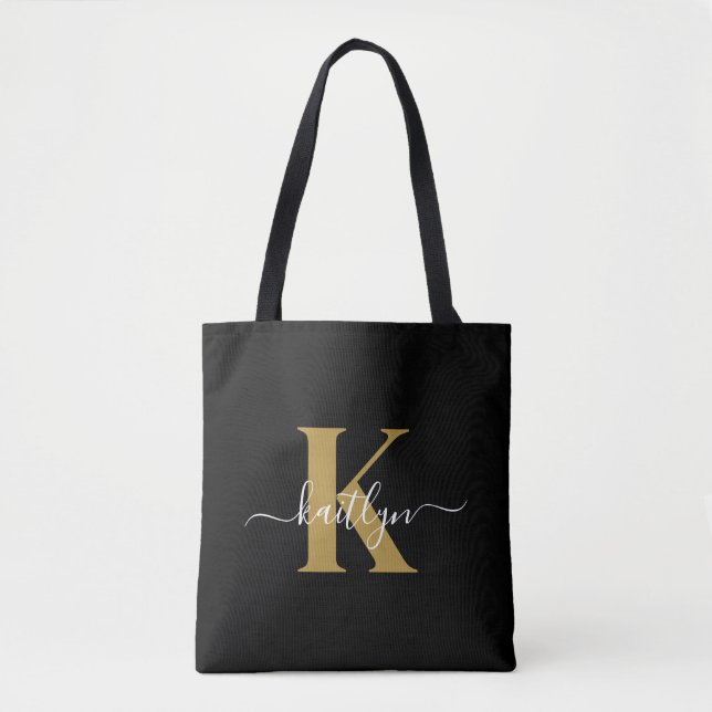 Tote Bag Élégant Monogramme Black Gold Script (Devant)