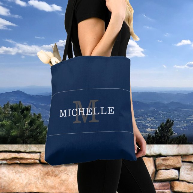 Tote Bag Élégant Monogramme d'argent bleu Nom personnalisé (Créateur téléchargé)