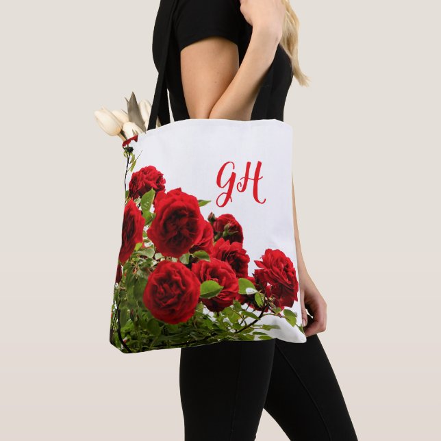 Tote Bag Élégant Monogramme de bouquet de roses rouges (De près)