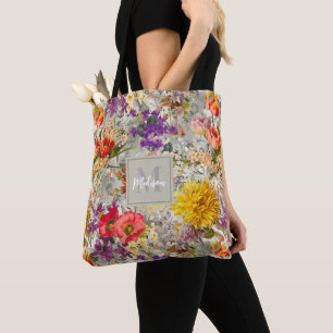 Tote Bag Élégant monogramme de motif gris fleuri violet
