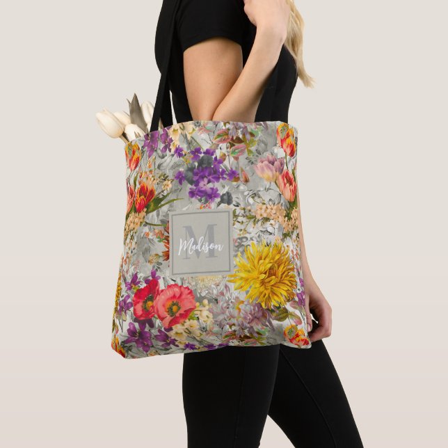Tote Bag Élégant monogramme de motif gris fleuri violet (De près)