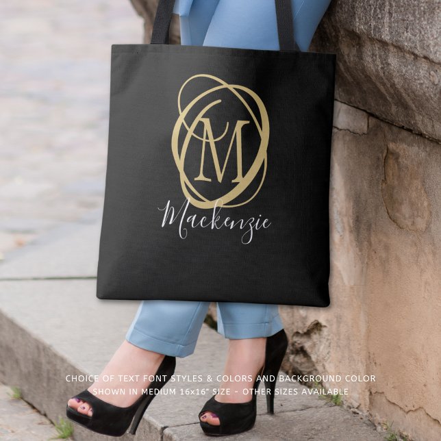 Tote Bag Élégant Monogramme élégant Nom de script Black Gol (Créateur téléchargé)