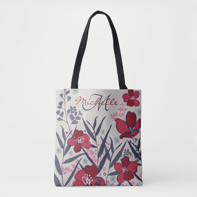 Tote Bag Élégant Monogramme Floral Rouge (Devant)