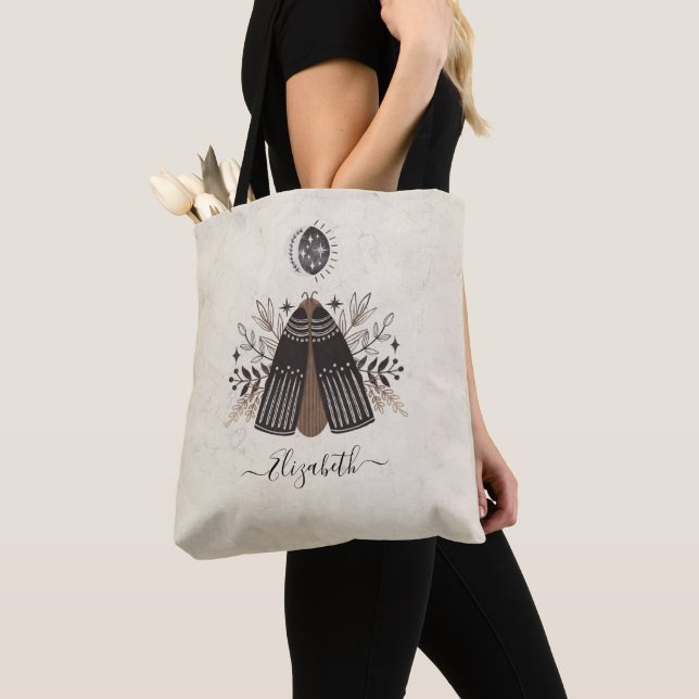 Tote Bag Élégant monogramme noir blanc papillon floral (De près)