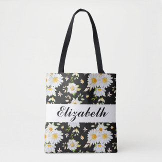 Tote Bag Élégant Monogramme noir et blanc Motif de margueri