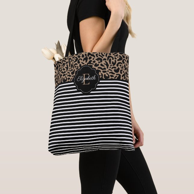 Tote Bag Élégant Monogramme noir Leopard Poster de animal F (De près)