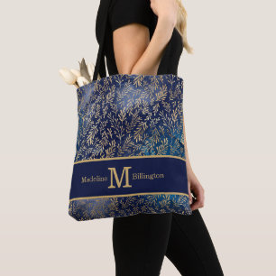 Tote Bag Élégant monogramme nominatif feuilles d'or bleu ma
