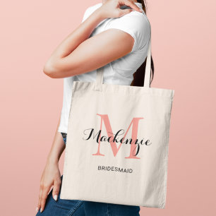 Tote Bag Élégant Monogramme Rose Corail Demoiselle d'Honneu