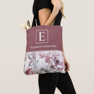 Tote Bag Élégant Monogramme rose et violet flore botanique