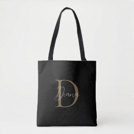 Tote Bag Élégant Monogramme Script Or Moussu Noir de Minuit