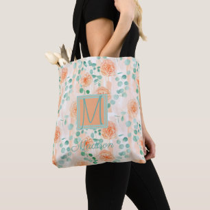 Tote Bag Élégant Monogramme Tendance Pêche Végétation Eucal