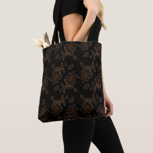 Tote Bag Élégant Motif Batik Floral Noir & Or