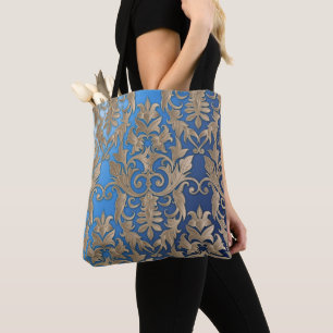 Tote Bag Elégant Motif Brocade Gold Damask sur Blue