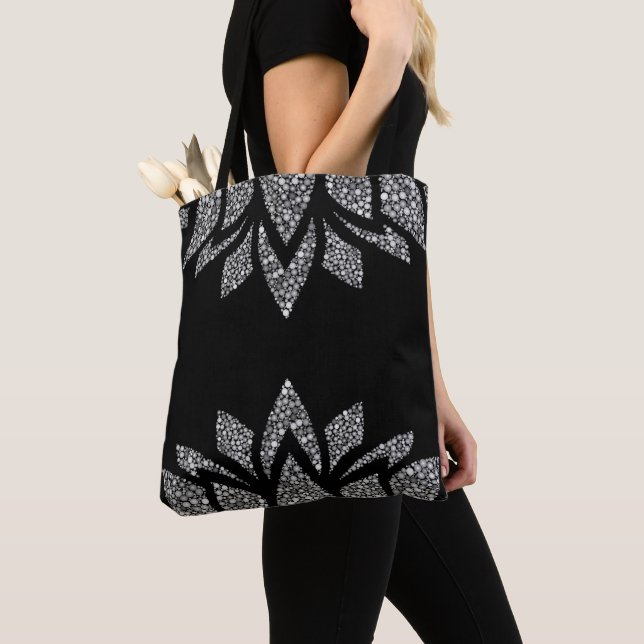 Tote Bag Élégant motif de lotus noir et gris (De près)