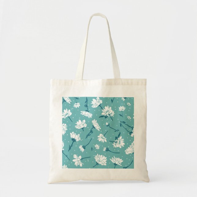 Tote Bag Élégant motif floral - Botanique Turquoise et blan (Devant)