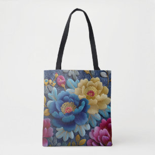 Tote Bag Élégant motif floral brodé, aspect vintage paonies