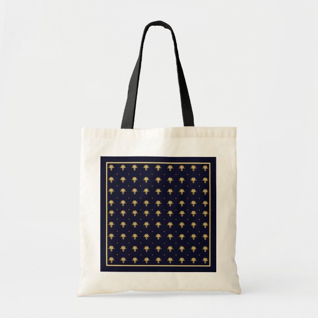 Tote Bag Elegant Navy Blue et Gold Damask (Devant)