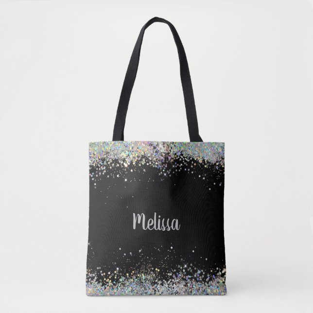 Tote Bag Élégant noir avec Parties scintillant argent Monog (Devant)