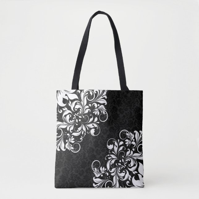 Tote Bag Elégant noir Damas et blanc dentelle florale (Devant)