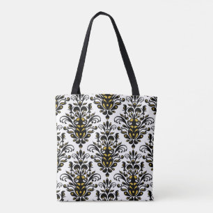 Tote Bag Elégant noir et blanc avec touche or damassé
