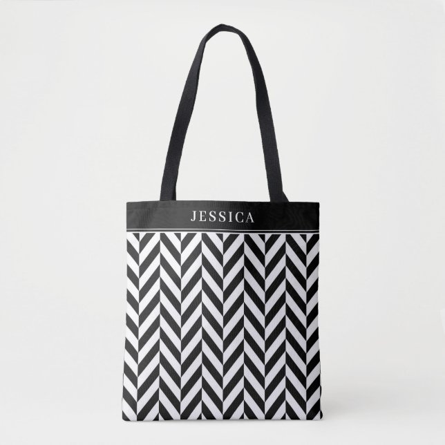 Tote Bag Élégant noir et blanc rayures Motif Nom (Devant)