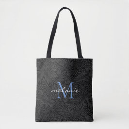 Tote Bag Élégant noir floral bleu Script Monogramme