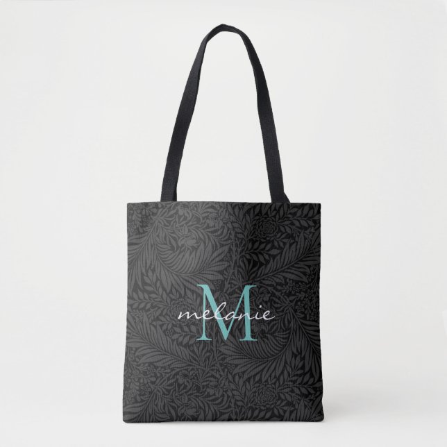 Tote Bag Élégant noir floral Turquoise Script Monogramme (Devant)