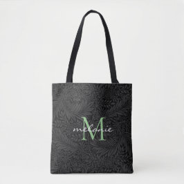 Tote Bag Élégant noir floral vert Script Monogramme