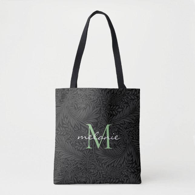 Tote Bag Élégant noir floral vert Script Monogramme (Devant)