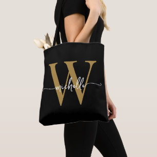 Tote Bag Élégant Noir Or Féminin Personnalisé Monogrammé