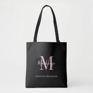 Tote Bag Élégant Noir Rose Personnalisé Nom Monogramme