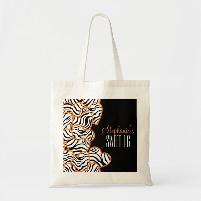 Tote Bag Élégant Orange Sweet 16 Zebra Heart Design Nom (Devant)