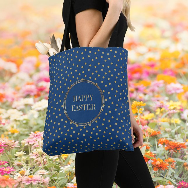 Tote Bag Elégant Pois Christian Happy Chasse aux oeufs de P (Elegant Blue Gold Polka Dots Christian Catholic Happy Easter Egg Hunt Tote Bag)