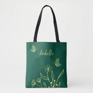 Tote Bag Élégant romantique fleur dorée vert émeraude
