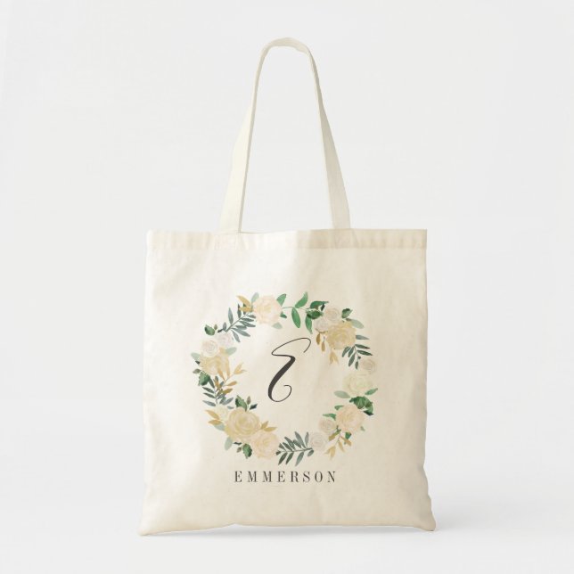 Tote Bag Élégant Rose à la crème Floral Wreath Monogramme (Devant)