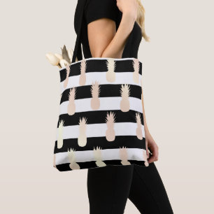 Tote Bag Élégant rose d'ananas en or motif rayé