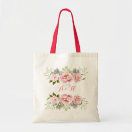 Tote Bag Élégant rose fleuri couronne Monogramme Mariage ca