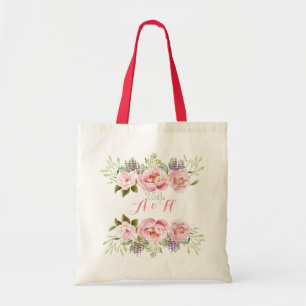 Tote Bag Élégant rose fleuri couronne Monogramme Mariage ca