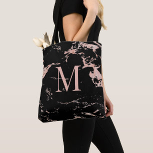 Tote Bag Élégant Rose Gold Foil Marbre noir Monogramme