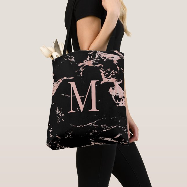 Tote Bag Élégant Rose Gold Foil Marbre noir Monogramme (De près)