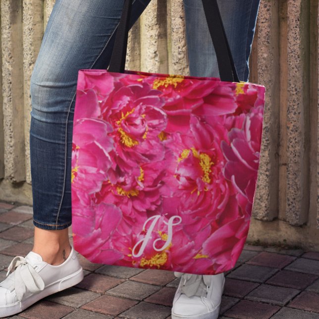 Tote Bag Élégant rose Peony Stylish Calligraphie Monogramme (Créateur téléchargé)